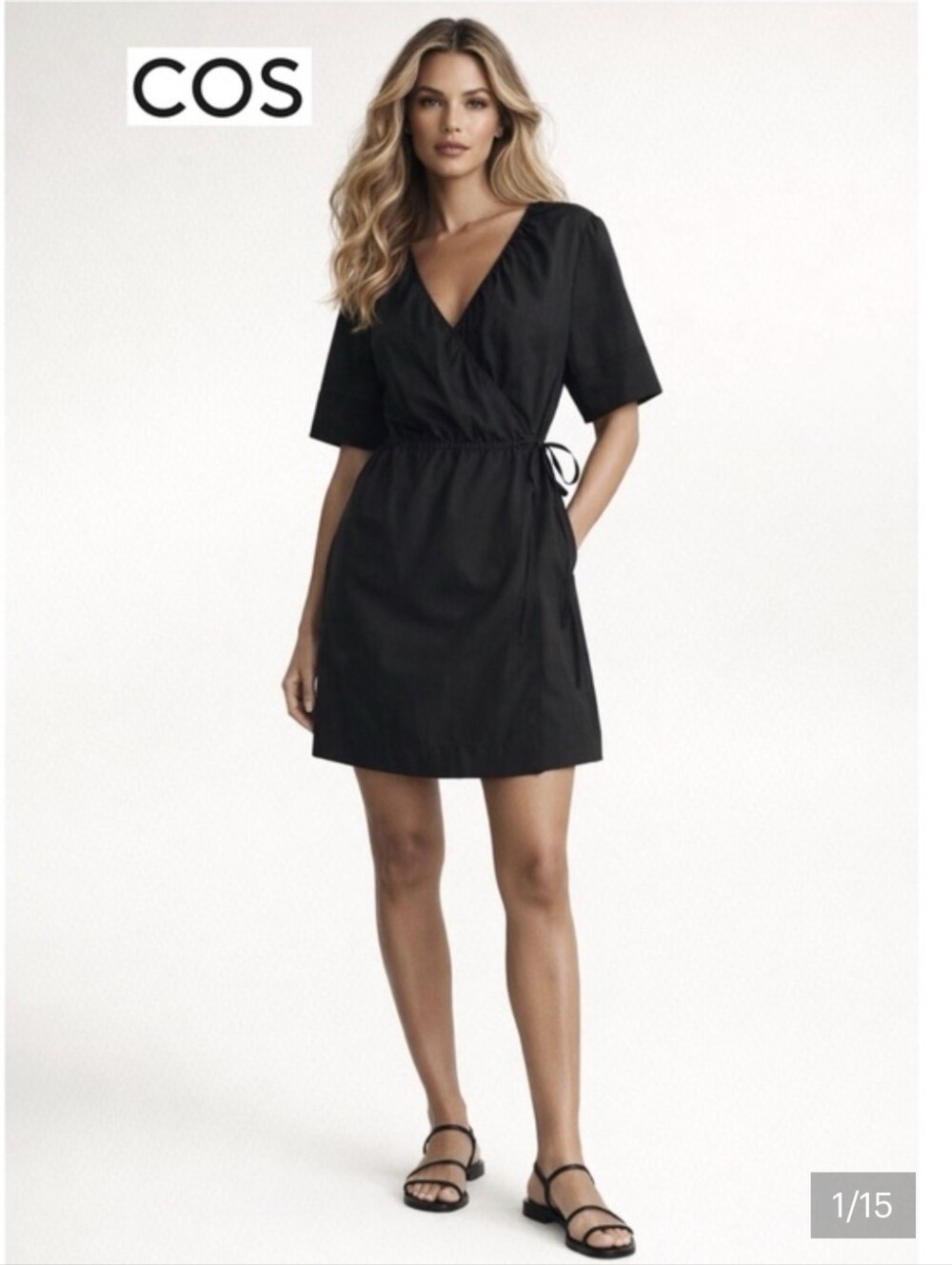 COS Black Minimalist Wrap Dress, Linen Blend, Size L